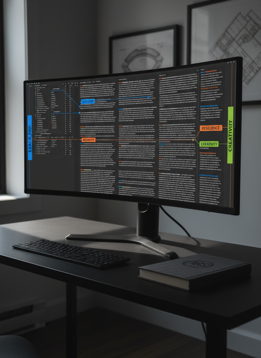 A sleek, ultra-wide computer monitor displays a dark-mode document filled with meticulously structured paragraphs analyzing a championship game, with color-coded annotations in the margins referencing leadership, resilience and creativity. The monitor stands on a minimalist black desk, accompanied only by a slim wireless keyboard and a closed, cloth-bound journal with a discreet embossed initials logo. Cool, cinematic side lighting from a nearby window creates a high-contrast interplay of light and shadow, illuminating the words while leaving the edges of the room in soft darkness. A blurred backdrop of framed stadium blueprints and abstract sports diagrams suggests deep analysis without showing people. Captured from a three-quarter angle with a balanced composition, the mood is focused, modern and high-performance, echoing the quiet intensity of elite competition and crafted sports writing.