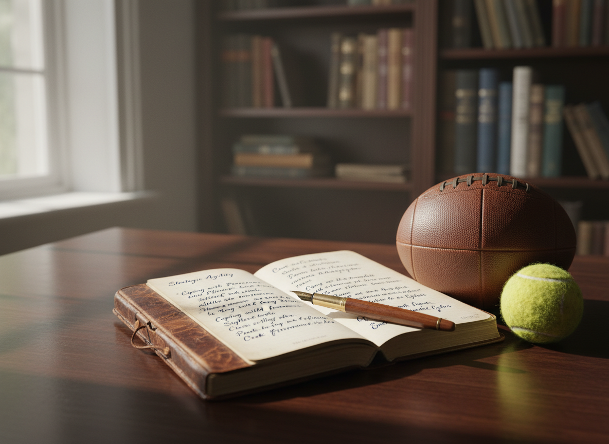 An open, leather-bound notebook lies on a dark wooden desk, its cream pages filled with elegant, handwritten notes about strategy, pressure, and performance, with a single fountain pen resting diagonally across the margin. Beside it, a classic stitched football and a scuffed tennis ball lean gently together, their textures sharply defined. Soft, diffused window light from the left creates cinematic highlights on the leather and ink, casting long, thoughtful shadows across the desk. The background falls into a subtle blur of bookshelves lined with sports biographies and psychology texts. Shot at eye level with a shallow depth of field, the composition feels refined, intellectual and introspective, emphasizing the intersection of sport, writing and high-performance mindset in a sophisticated, cinematic style.